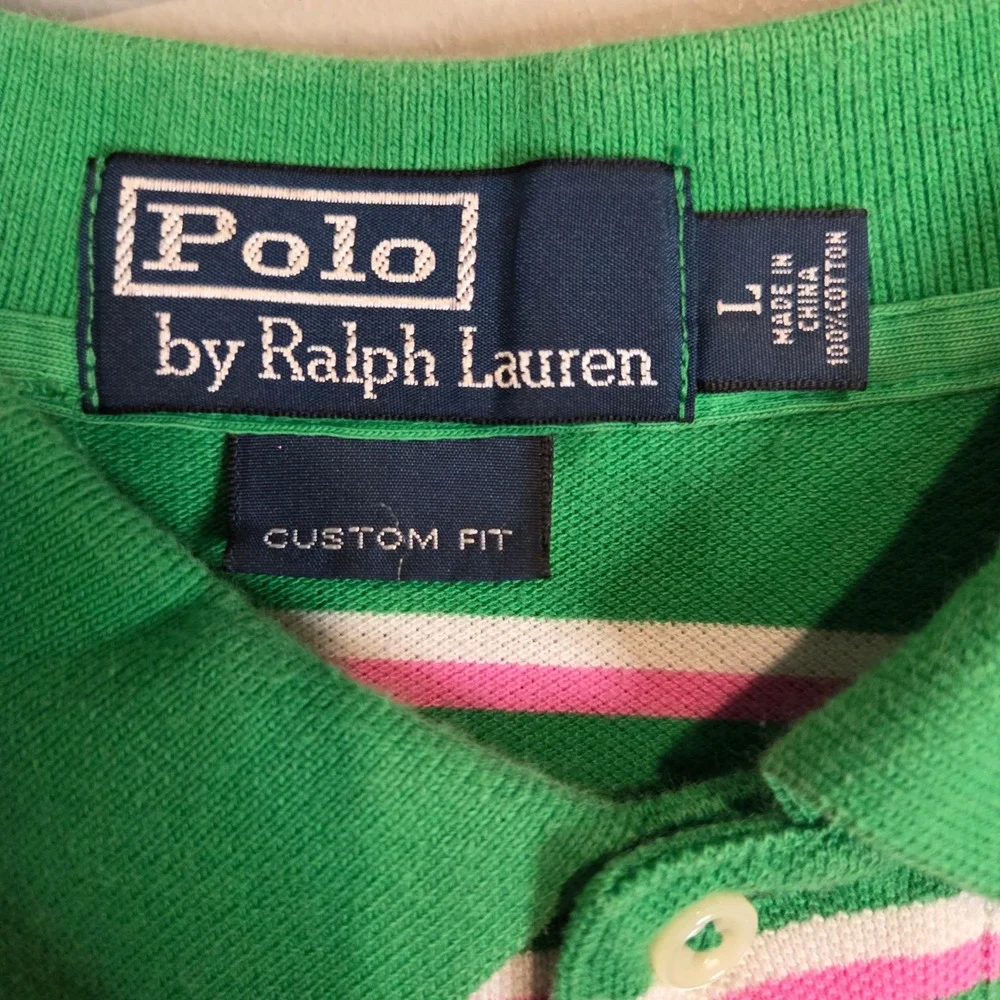 Polo Ralph Lauren Striped Polo Shirt Mens Large Green Pink White Custom Fit Mesh